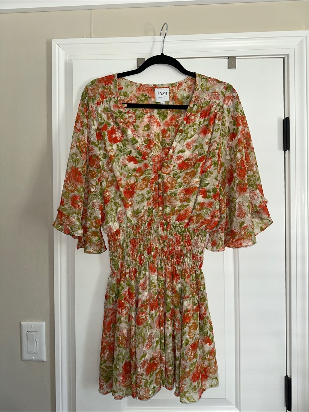 Misa Los Angeles Peach & Green Floral V-Neck Mini Dress